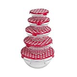 Set Of 5 Glass Bowls with Retro Red Spotty Lids
