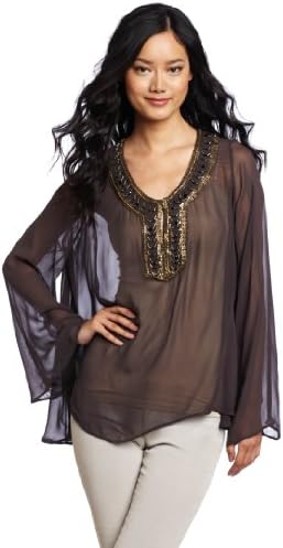 Love Sam Women's Beaded Neck Blouse, Dark Taupe, Medium