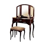 Queen Anne Style Cherry Finish Wood Vanity Set - Table, Bench & Mirror Queen Anne Style Cherry Finish Wood Vanity Set - Table, Bench & Mirror