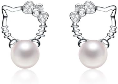Fashion Hello-kitty Cubic Zirconia Crystal with High Luster Cream Pearl Stud Earrings