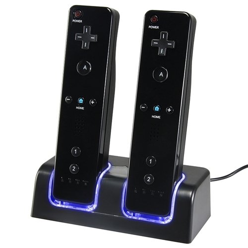 Dual Charging Station w/ 2 Rechargeable Batteries & LED Light for Wii Remote Control, Black
