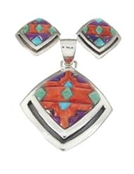Multicolor Inlay Silver Southwest Pendant And Earrings Set YS64821