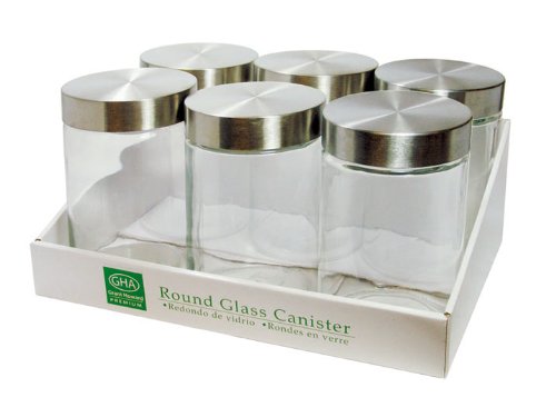 Grant Howard 50112 Medium Round Glass Canisters with Brushed Stainless Lids, 43-Ounce, Set of 6 On Sale