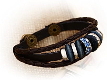 YYfashion Womens Dark Rhinestones Inlaid Ringlet Beaded Genuine Leather Braided Bracelets,Adjustable