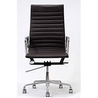 Ribbed High Back Office Chair in Genuine Brown Leather and Aluminum Base