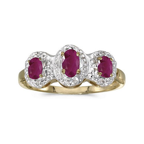 10k Yellow Gold Oval Ruby And Diamond Three Stone Ring