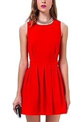 Sleeveless Summer Polyester Flared-Skirt Pleated Backless Short  Dress