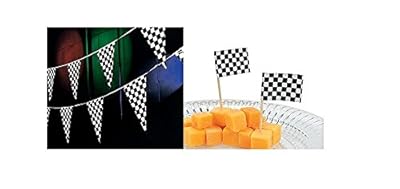 RACE CAR CHECKERED Flag PARTY Decorations - 100 ft RACING FLAG PENNANTS/Banner/DECOR & 50 Appetizer CUPCAKE Picks - Great for NASCAR or INDY Birthday PARTY