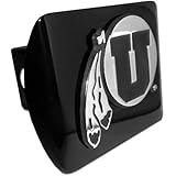 Utah Utes "Black with Chrome Drum and Feather U Emblem" Metal Trailer Hitch Cover Fits 2 Inch Auto Car Truck Receiver with NCAA College Sports Logo