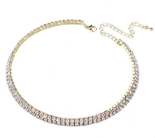 FUMUD 2 Rows Quality Bridal Rhinestone Stretch Silver/Gold Tone Necklace Bracelet Ankelt or Ring (Gold)