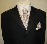 mens tux vests:New Men's Seven Piece Complete Black Tuxedo (Jacket, Pants, Shirt, and Cummerbund) with Tan / Beige Paisley Vest, Tie, and Handkerchief