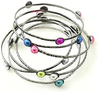 You Accessorize Metal Alloy Silver Multi Color Faux Pearl Stacking 8 Bangle Bracelet Set