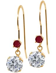 1.24 Ct Round G/H Diamond Red Ruby 14K Yellow Gold Earrings