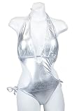 Silver Halter Tie Side Monokini Swimsuit with Removable Soft Pads