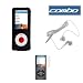 Premium Black Leather Sleeve Case with Belt Clip + White Stereo 3.5mm Headset + Clear Reusable LCD Screen Protector for Apple Nano Chromatic 8GB 16GB 4G 4th Generation