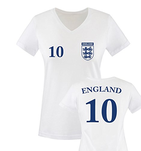 EM 2016 – TRIKOT – EM 2016 – ENGLAND – 10 – Damen V-Neck T-Shirt – Weiss / Blau Gr. M