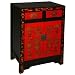 EXP Handmade Asian Furniture - 33" Red & Gold Storage Cabinet / End Table With "Good Fortune" Motif
