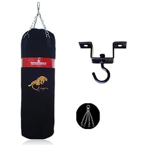 Kickboxing Canvas Punch Bag Filled With Free Chrome Plated Chain And Punchbag Ceiling Hook Heavy Duty Metal With Complete Fitting Martial Arts Black With Red Stripe 3 Feet