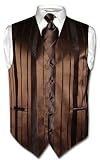 Men's Dress Vest & NeckTie Dark Brown Woven Stripe Design Set for Suit or Tuxedo
