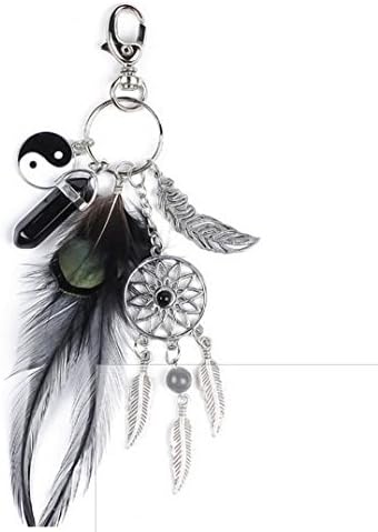 Natural Black Agate Feather Dreamcatcher Silver Tone Keychain