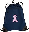 Pink Ribbon Drawstring Bag Backpack Navy Breast Cancer Awareness Deluxe Draw String Back Pack - For Boys Girls Students or Adults