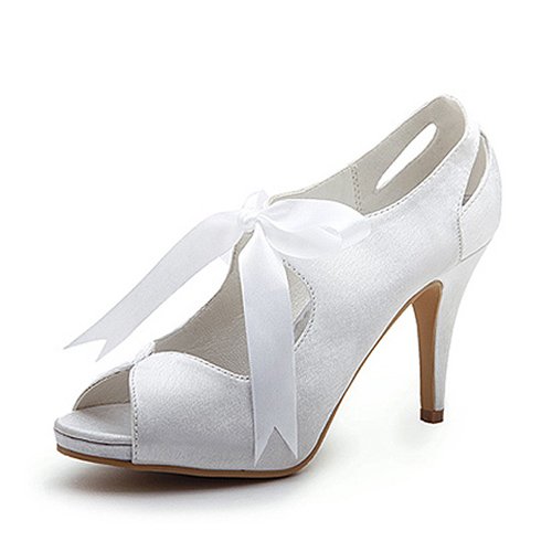 Women's Satin Upper High Heel Pumps Peep-toes With Sash Wedding Bridal Shoes