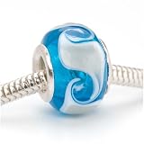 Murano Style Glass Lampwork Bead Fits Pandora Aqua White Swirl 14mm (1)