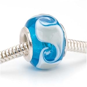 Murano Style Glass Lampwork Bead Fits Pandora Aqua White Swirl 14mm (1)