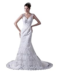 V-neck Mermaid Natural   Waistline Vintage Lace Floor Length  Dress with a Chapel Train 