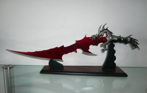 D0137 Flying Fire Dragon Sword Knife Red Enamel Death Blade Engravings /Stand 25"