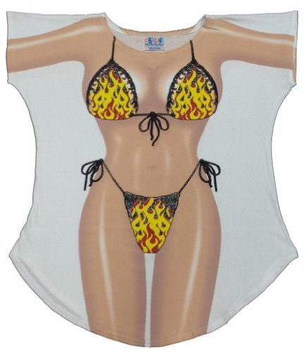 L.A. Imprints Flames Bikini Body Cover-Up T-Shirt #69 Regular Size White