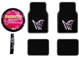 A Set of 4 Universal Fit Plush Carpet Floor Mats and 1 Comfort Grip Steering Wheel Cover - Multiple Purple Butterflies