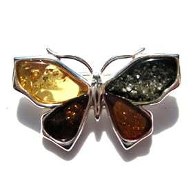 Multicolor Amber and Sterling Silver Butterfly Pin
