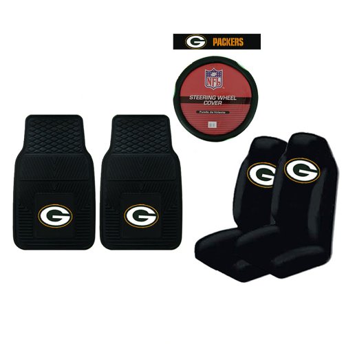 A Set of 2 Universal-Fit NFL All Weather Vinyl Floor Mats, 2 Front Universal Fit Bucket Style Seat Covers, and a Comfort Grip Steering Wheel Cover - Green Bay Packers