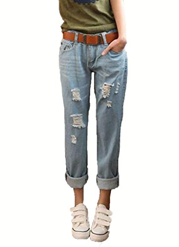 (フンテン)FengTengレディース 美脚ボーイフレンドデニム デニム パンツ ボーイズデニム ヴィンテージ加工 ダメージ加工 ジーンズ クラッシュ 春デニム サルエルパン