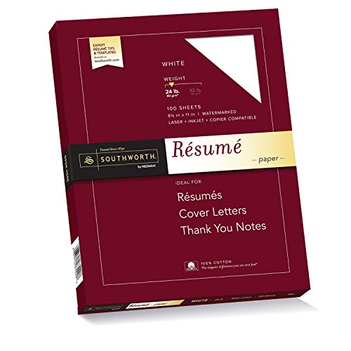 Southworth Resume Paper, Cotton Fiber, 24 lb, 8-1/2 x 11 Inches, 100 per Box, White (SOUR14CF)