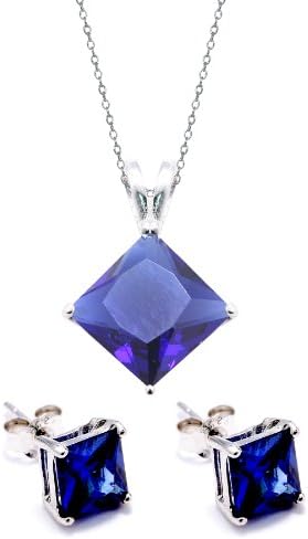 .925 Sapphire Color 2Ctw Solitaire Pendant & Earrings Princess Set