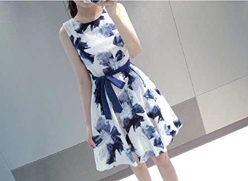 花柄 リボン リネン プリント ブルー ノースリーブ ラウンドネック ワンピース ドレス フォーマル 結婚式 2次会 パーティー チュニック 美脚 スカート ブラウス バスト オールインワン コンビネゾン シャツブラウス チュニックシャツ セットアップ カジュアル レディース 春物 夏物 可愛いスカーフ付き T-325
