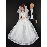 White Wedding Dress with Rhinestone and Lace At the Botice and a Black Tuxedo Set Made to Fit the Barbie and Ken Dolls