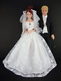 White Wedding Dress with Rhinestone and Lace At the Botice and a Black Tuxedo Set Made to Fit the Barbie and Ken Dolls