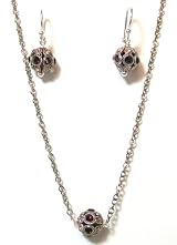 Pearlstone Sterling Silver Vintage Inspired Pave Crystal Ball Strand Necklace With Burgundy and Pink Swarovski Crystals With Matching Earrings
