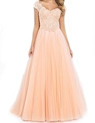 Modest A-line V-neck Cap Sleeves Tulle Cocktail Floor Length Beaded Crystals Crystal Lace Basque   Waistline Evening Dress/Prom Dress/Quinceanera Dress/Party Dress 
