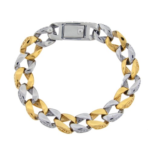 Stainless Steel Casted Textured and Gold Ionic Plating Link Bracelet, 8.75