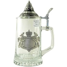 Glass Beer Stein with Engravable Pewter Bavarian Badge & Conical Lid - 0.4 Liter