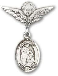Sterling Silver Baby Badge with St. Ann Charm and Angel w/Wings Badge Pin