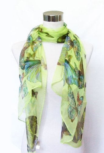 Chiffon Sheer Butterfly Print on Deep Lime - Silk Long Scarf 21 x 66