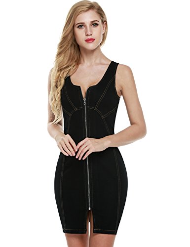 Meaneor Women's Sexy Zipper Slit Front Sleeveless Bodycon Midi Denim Dress