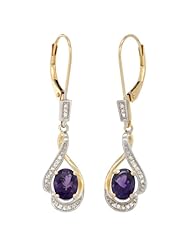 14k Gold 3/4 in. (19mm) tall Lever Back Dangle Earrings, w/ 0.13 Carat Brilliant Cut Diamonds & 2.40 Carats Oval Cut 7x5mm Amethyst Stones