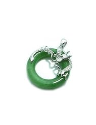 Natural Green Jade Circle with Dragon Oriental Design Fine 925 Sterling Silver with Rhodium Plated Pendant Necklace