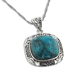 Art Deco Squared Natural Turquoise and Marcasite Sterling Silver Pendant 18 Necklace